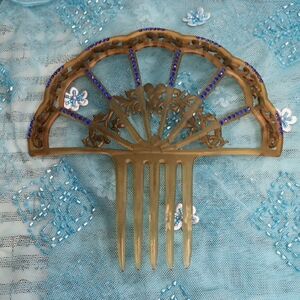 Antique Art Deco Gold Hair Comb with Blue Rhinestone Accents